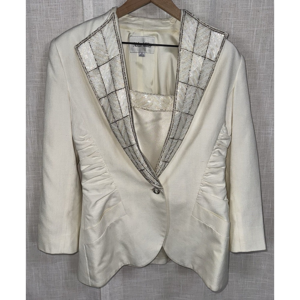 VTG Nolan Miller Sz 8 Dynasty Collection Cream Linen Sequin Jacket Shirt‎ Set